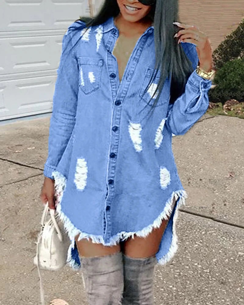 robe courte en jean bleu ciel à manches