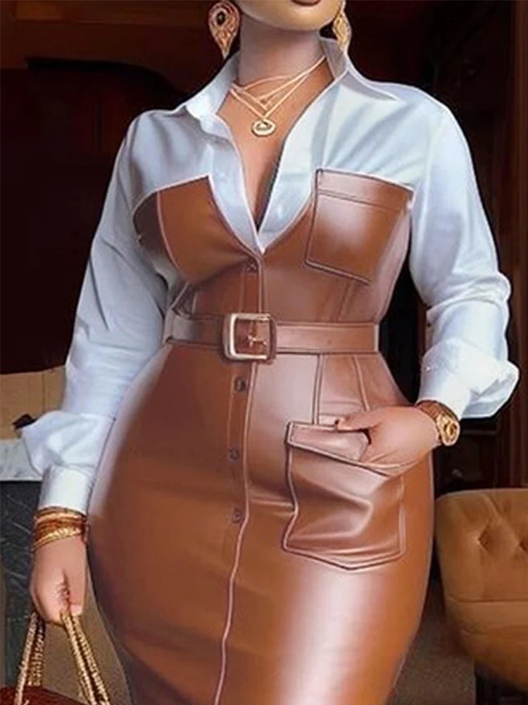 chemise robe ceinturée simili cuir