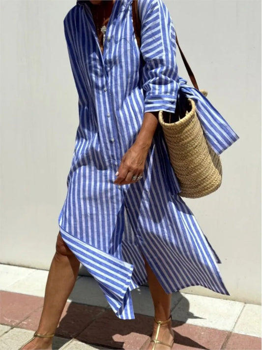 Robe Chemise Longue Oversize Rayée Bleu