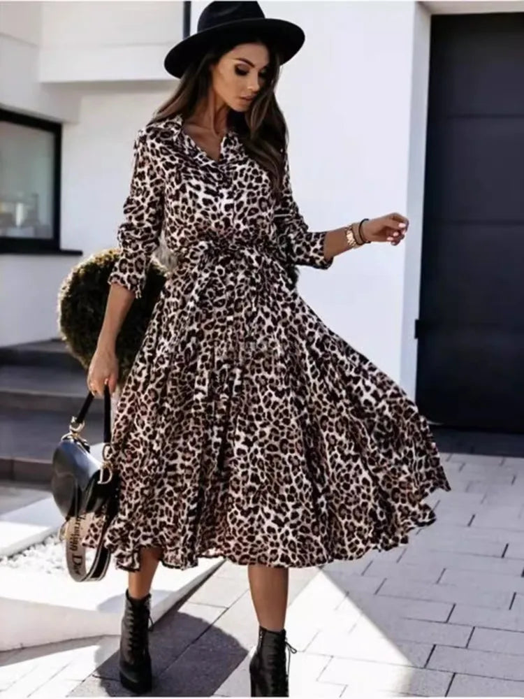 Robe Chemise Longue Plissée Léopard
