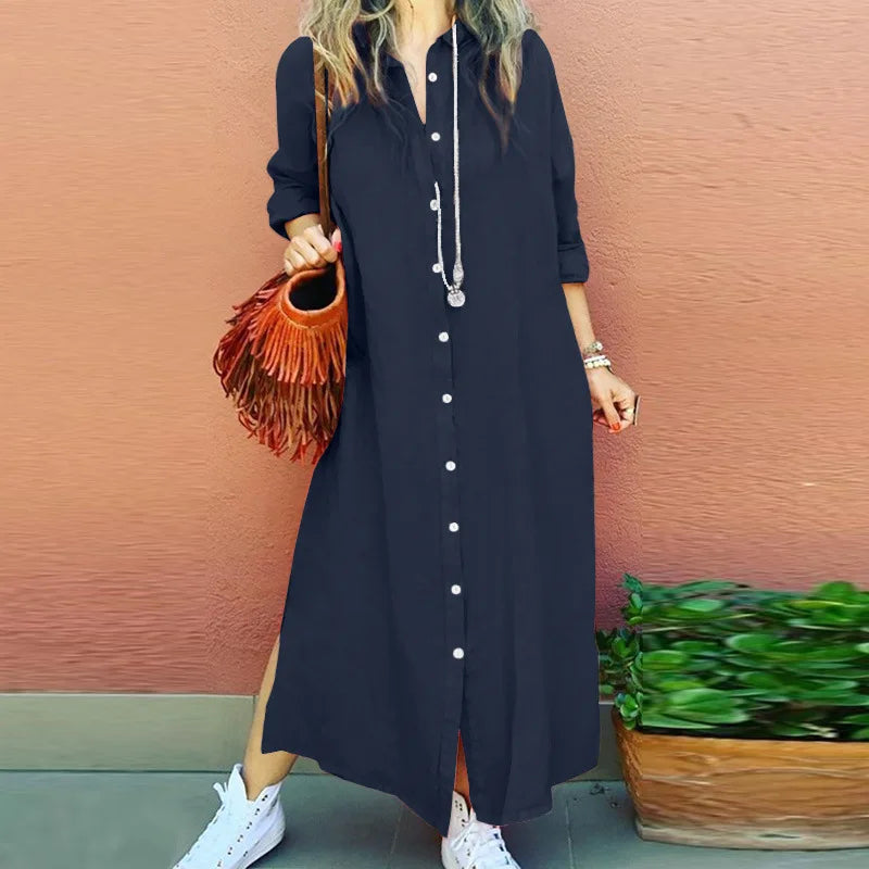 Robe Chemise En Style Lin Longue Bleu Marine