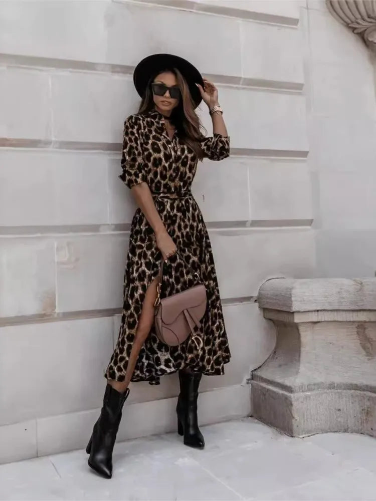 robe chemise léopard noir et beige