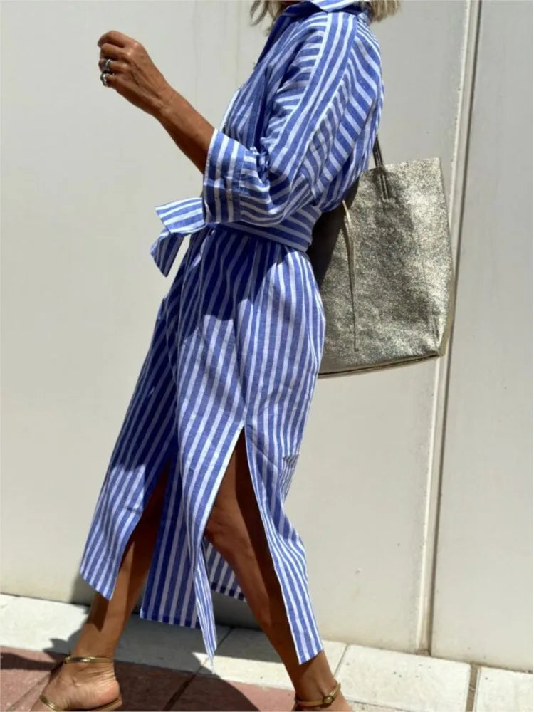 chemise robe rayée bleu tendance