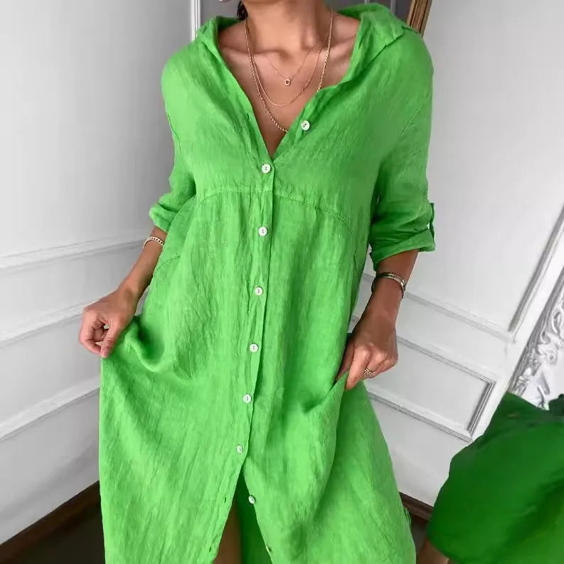 mode féminine robe chemise longue en lin
