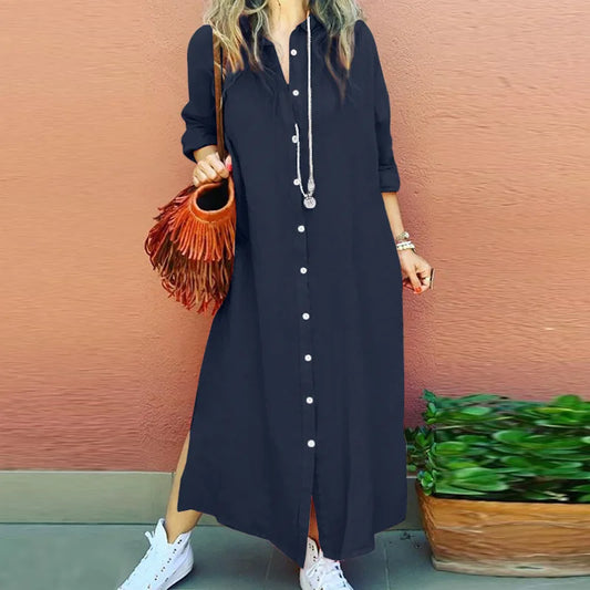 chemise robe en lin bleu marine