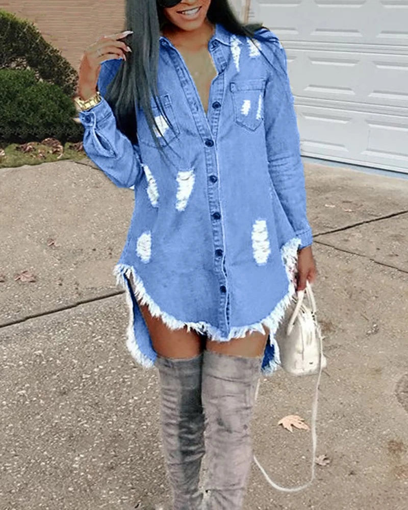 Robe Chemise En Jean Bleu Ciel Courte Oversize