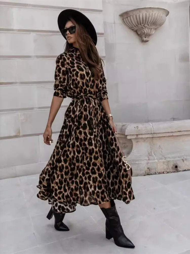 Robe Chemise Longue Plissée Léopard Noir Et Beige