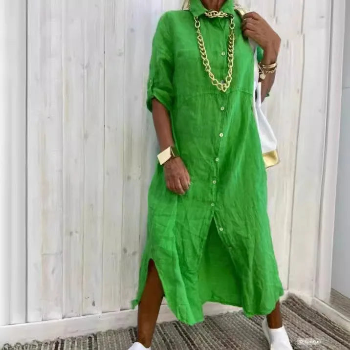 Robe Chemise Longue En Lin Verte