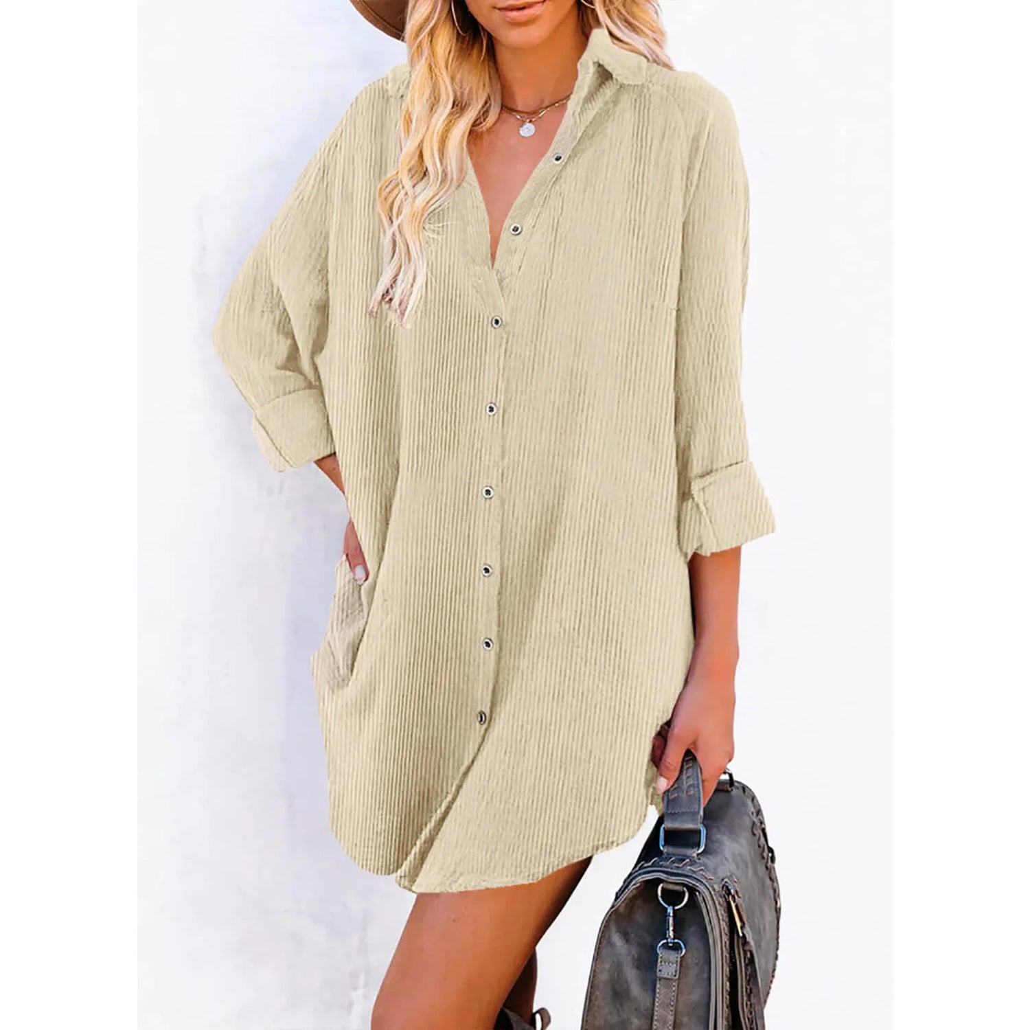 Robe Chemise Style Velour Beige