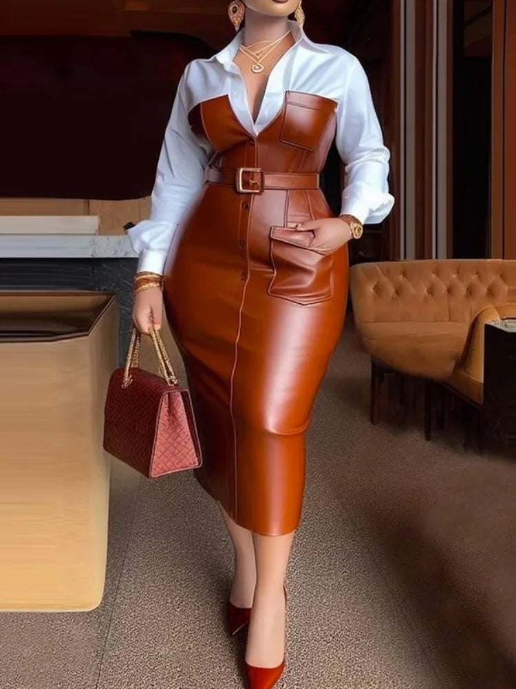 Robe Chemise Longue Ceinturée En Simili Cuir