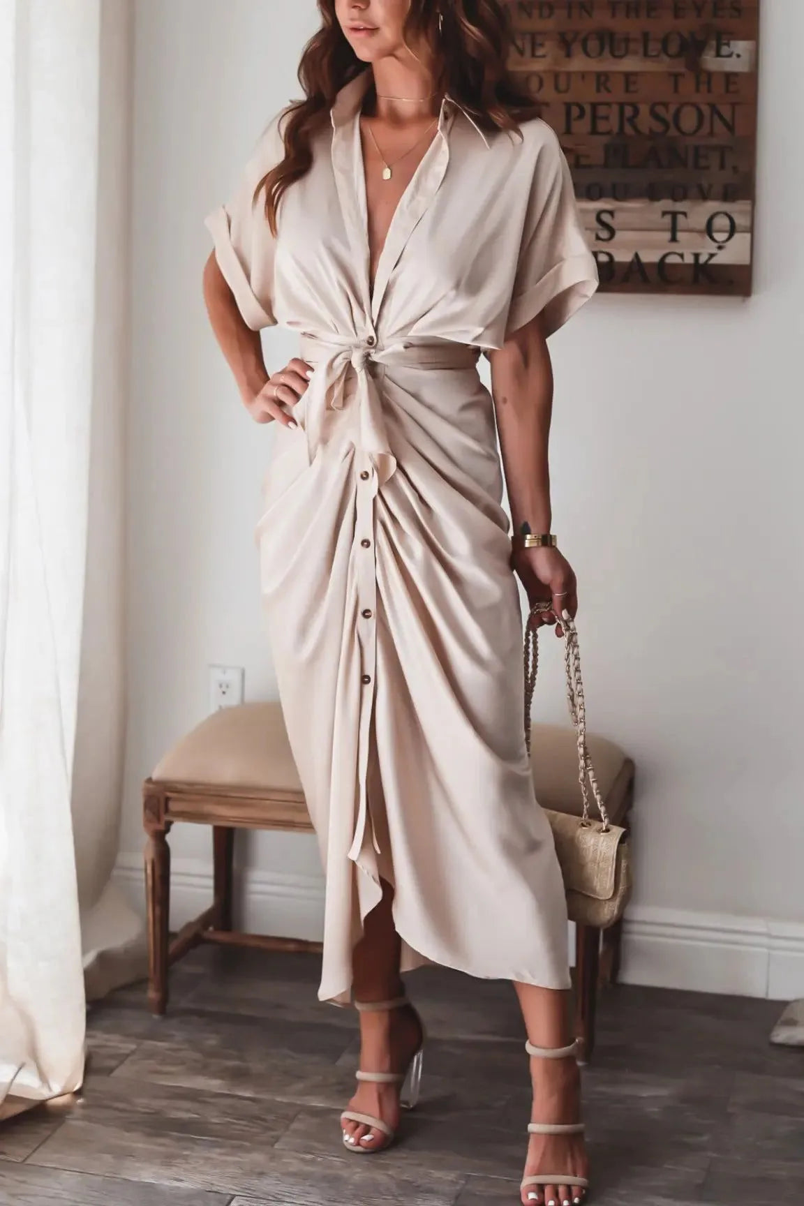 Robe Chemise Longue Chic Cintrée Beige
